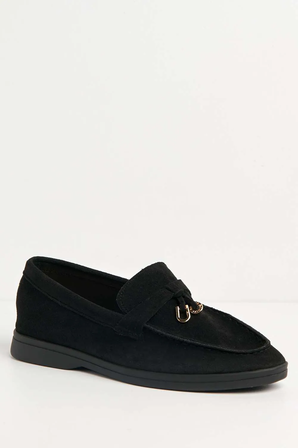 Tonya Charm Detail Slip-On Faux Suede Loafers in Black