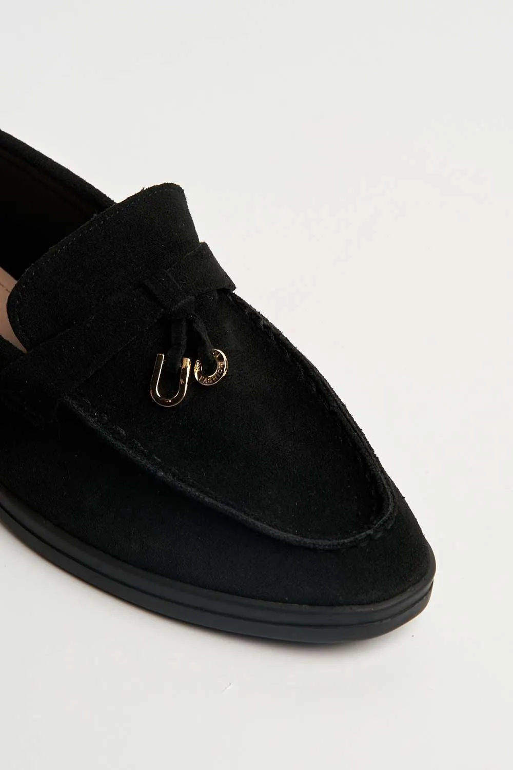 Tonya Charm Detail Slip-On Faux Suede Loafers in Black