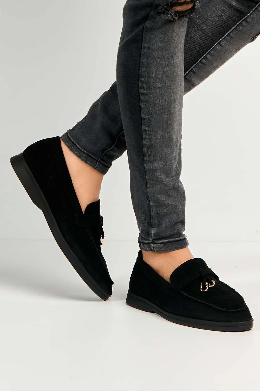 Tonya Charm Detail Slip-On Faux Suede Loafers in Black