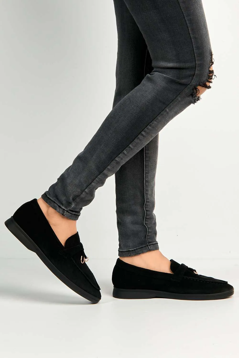 Tonya Charm Detail Slip-On Faux Suede Loafers in Black