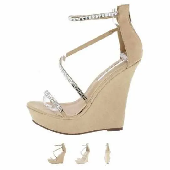 Women's Tans Rhinestone Platform Wedge Wedding Sandals